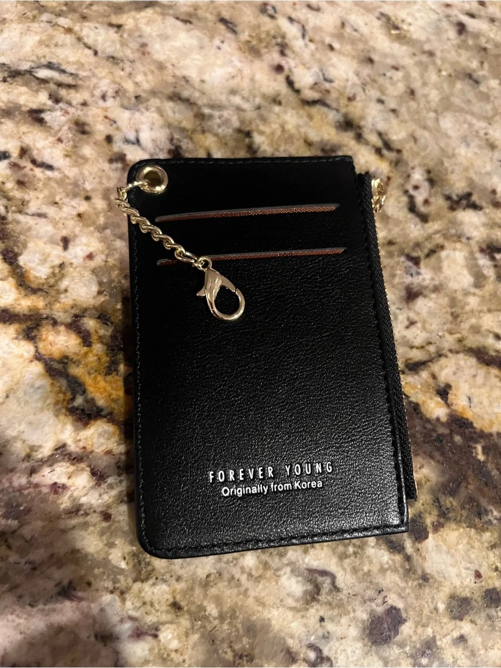 Forever Young Black Card Holder with Gold Chain Accent